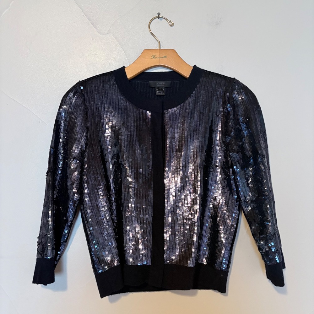 J Crew Collection Navy Sequin Cardigan Sweater 100% Merino Wool Womens XS